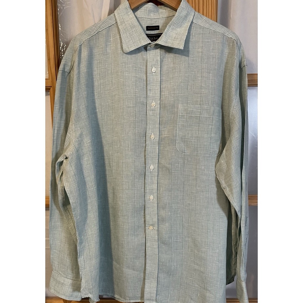 Jos A Bank Reserve Linen Plaid Shirt Mens XL Traditional Fit Long Sleeve Green